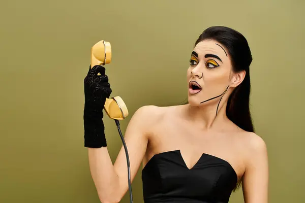Une femme brune élégante avec un maquillage pop art tient le téléphone dans une robe noire et des gants. — Photo de stock