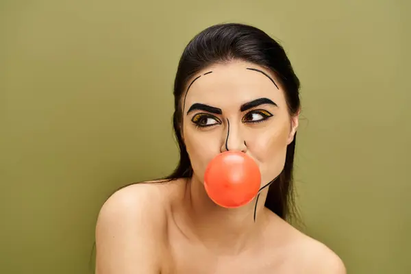 Una donna bruna indossa un naso da clown, un anello nasale, trucco pop art e guanti neri. — Foto stock