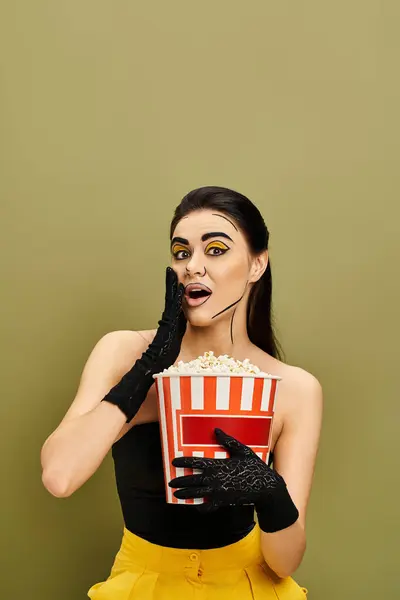 Donna bruna in trucco pop art e guanti neri tiene una scatola di popcorn. — Foto stock