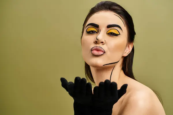 A striking brunette woman with vibrant yellow eyes and black gloves exudes mystery and elegance. — Stock Photo