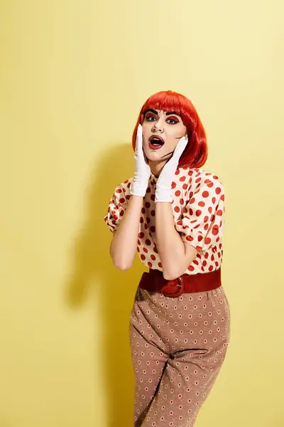Une jolie rousse au maquillage pop art et chemisier à pois debout en wow sur un fond jaune. — Photo de stock
