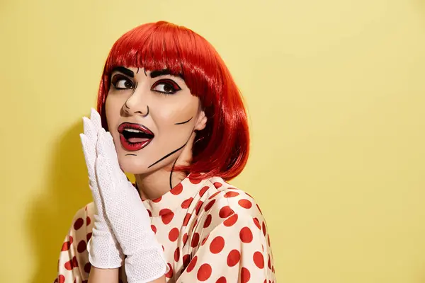 A vibrant redhead in a polka dot dress and white gloves poses against a yellow background, reminiscent of a character from comics. — Stock Photo