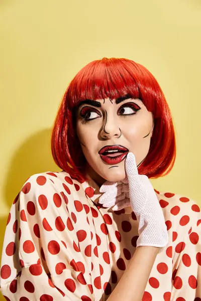 A vibrant redhead donning a polka dot dress on a sunny yellow backdrop, exuding charisma and charm. — Stock Photo