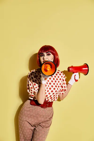 Rothaarige Frau in gepunkteter Bluse mit buntem Make-up hält ein rotes und orangefarbenes Megafon vor gelbem Hintergrund. — Stockfoto
