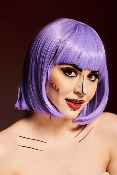 A striking woman donning a purple wig and creative pop art makeup, resembling a character from comics. — Stock Photo