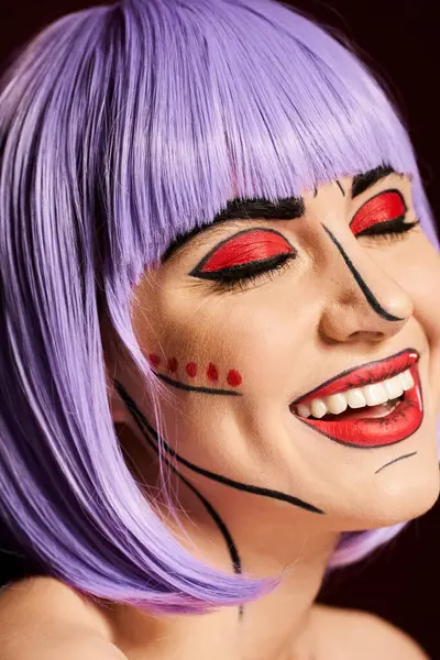 A striking woman with purple hair and bold pop art makeup reminiscent of a comic book character. — Stock Photo