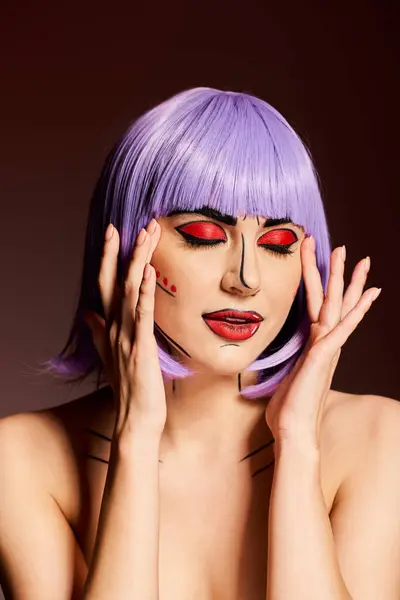 A striking woman with purple hair and red eyes, adorned with creative pop art makeup, exudes an air of mystery on a black backdrop. — Stock Photo