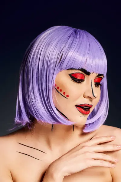 A pretty woman with purple hair and pop art makeup, channeling a comic book character on a black background. — Stock Photo