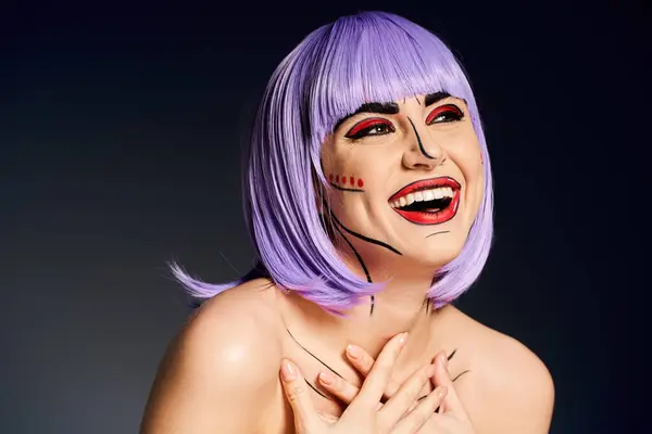 A stylish woman with purple hair and pop art makeup joyfully smiles in a comic-book inspired setting. — Stock Photo