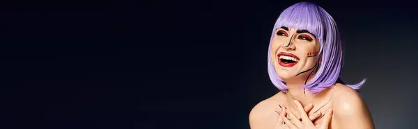 A striking woman with purple hair and bold pop art makeup poses against a black background, resembling a character from comics. — Stock Photo