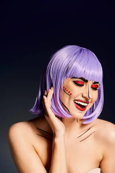 A stunning woman donning a purple wig and vibrant pop art makeup, embodies a character straight out of a comic book. — Stock Photo