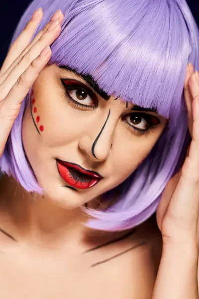 A beautiful woman with a purple wig and artistic pop art makeup, resembling a character from comics — Stock Photo
