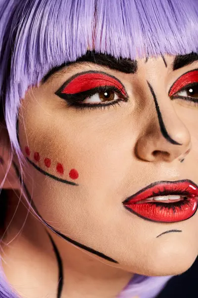 A stunning woman with purple hair and artistic pop art makeup, embodying a comic book character — Stock Photo