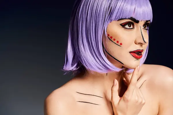 A striking woman with purple hair and bold pop art makeup poses against a dark backdrop, embodying a comic book character. — Stock Photo
