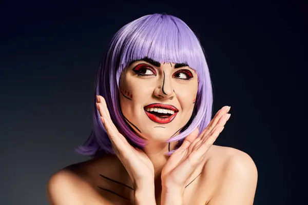 A woman with purple hair and makeup is holding her hands to her face, showcasing her unique character from comics. — Stock Photo