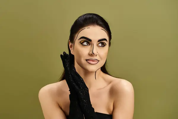 Stylish brunette woman with pop art makeup and gloves exudes a timeless allure. — Stock Photo