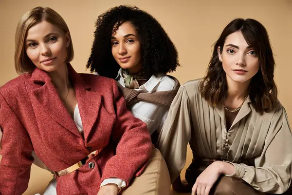 Young, beautiful women of various cultures sit together, showcasing friendship and diversity in stylish attire. — Stock Photo