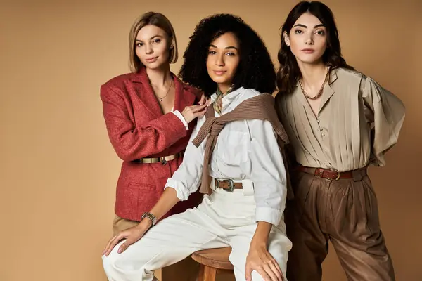 Group of young, beautiful multicultural women in stylish attire standing together on beige background. — Stock Photo