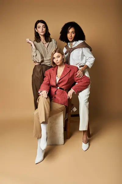 Young multicultural women in stylish attire sitting together, showcasing diversity in cultures and friendship. — Stock Photo