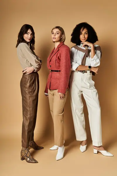 Three young, beautiful women in stylish clothes stand side by side against beige background, showcasing diversity in cultures. — Stock Photo