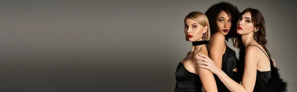 A trio of young, beautiful women in elegant black dresses standing together on a grey background. — Stock Photo