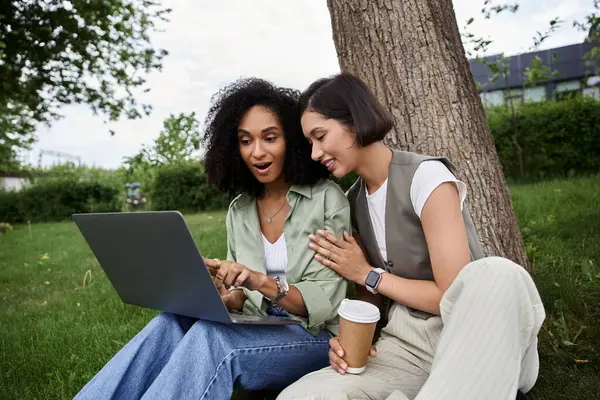 Duas mulheres trabalham juntas em um laptop enquanto se sentam debaixo de uma árvore em um parque. — Fotografia de Stock