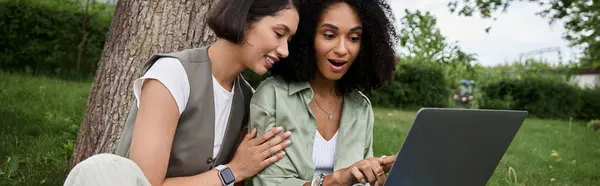 Due donne stanno lavorando insieme su un computer portatile all'aperto in un parco. — Foto stock