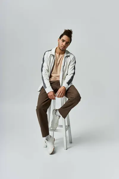 A young African American man in a stylish outfit poses while seated on a white stool against a grey backdrop. — Stock Photo