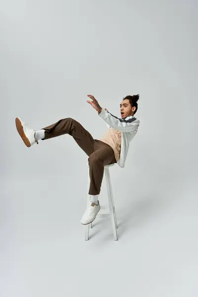 A young African American man wearing a stylish outfit poses on a stool against a grey background. — Stock Photo