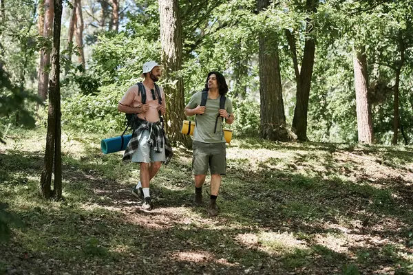 A young gay couple hikes through a wooded area on a sunny summer day. — Stock Photo