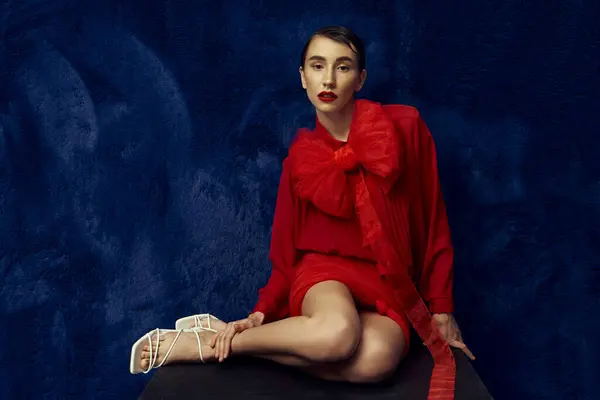 Una joven con el pelo corto posa en un vestido rojo con un lazo, sobre un fondo azul. - foto de stock