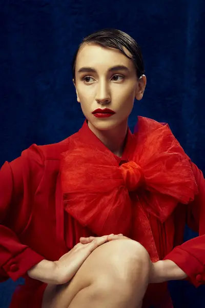 A young woman with short hair wears a bright red dress with a large bow and poses against a blue background. — Stock Photo