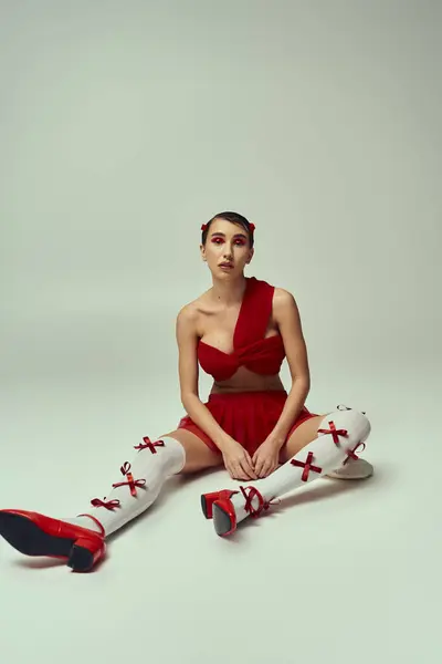 Una mujer con un top rojo y falda con medias blancas y lazos rojos posa sobre un fondo gris, creando una imagen llamativa. — Stock Photo