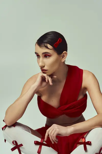A beautiful young woman with short hair poses in a red crop top — Stock Photo
