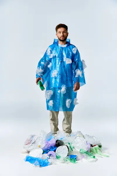 Um homem está em uma pilha de resíduos de plástico, vestindo um poncho de plástico azul. — Fotografia de Stock