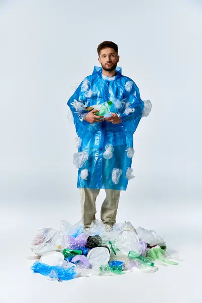 Un homme se tient dans un imperméable en plastique au milieu d'un tas de plastique jeté. — Photo de stock