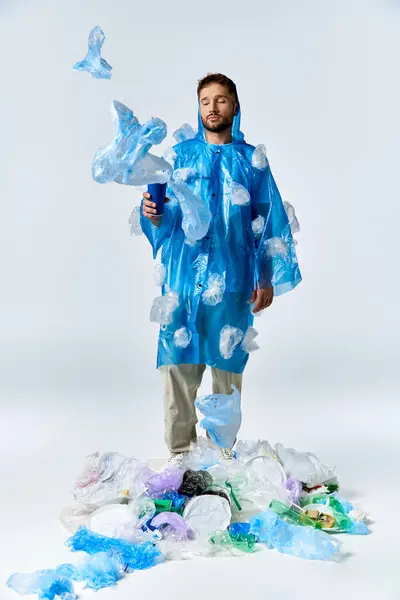 Ein Mann steht in einem Haufen Plastik und trägt einen blauen Plastik-Poncho. — Stockfoto