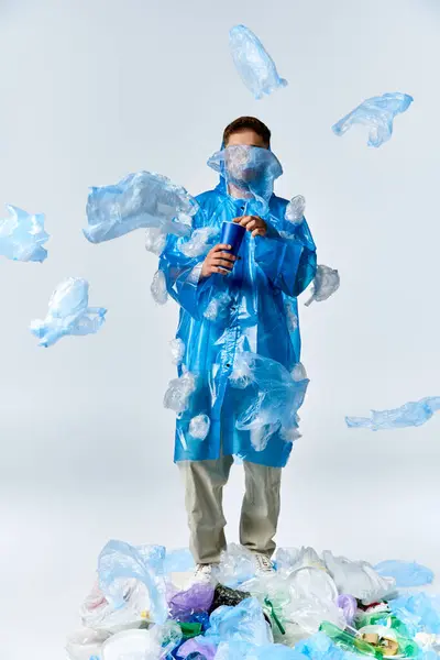 A man stands surrounded by plastic waste, highlighting the problem of plastic pollution. — Stock Photo