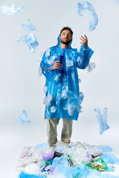 Man in raincoat stands in plastic waste surrounded by bags. — Stock Photo