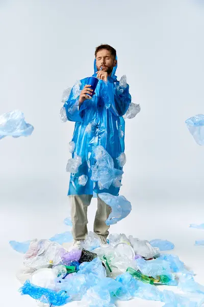 A man stands amidst a sea of plastic, surrounded by plastic bags and bottles. — Stock Photo