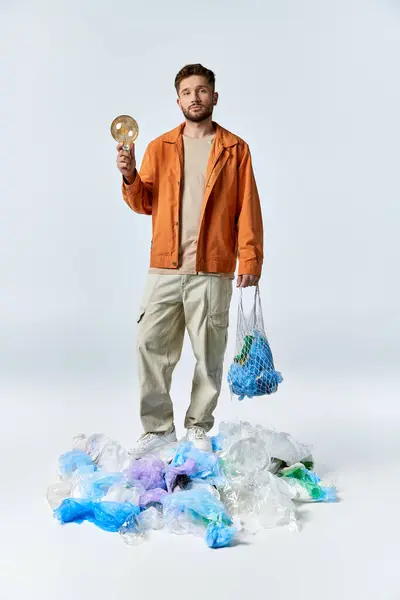 Man stands on plastic waste pile, holding a lightbulb in one hand and a mesh bag in the other. — Stock Photo