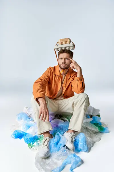 A man sits among plastic bags and containers with an egg carton on his head. — Stock Photo