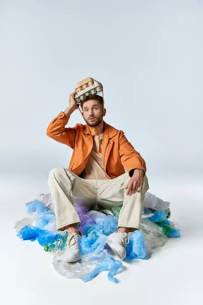 A man sits amidst a sea of plastic, a cardboard egg carton perched atop his head. — Stock Photo