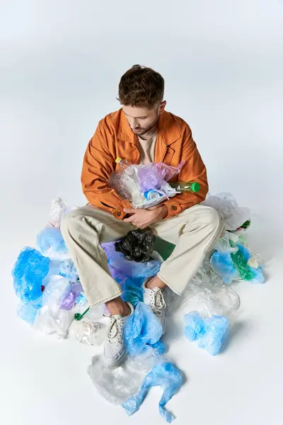A man sits surrounded by plastic waste, overwhelmed by its abundance. — Stock Photo