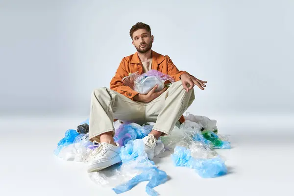 Un jeune homme assis entouré de sacs en plastique, perdu dans la pensée. — Photo de stock