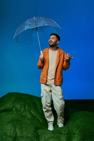 Un homme se tient sur une parcelle d'herbe, tenant un parapluie transparent et levant les yeux. — Photo de stock