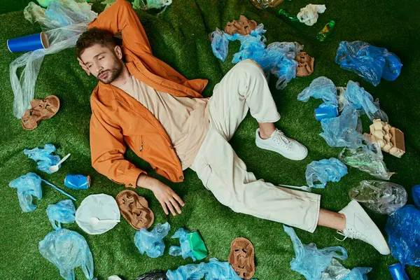 Un homme se trouve détendu sur un lit de sacs en plastique et d'autres déchets. — Photo de stock