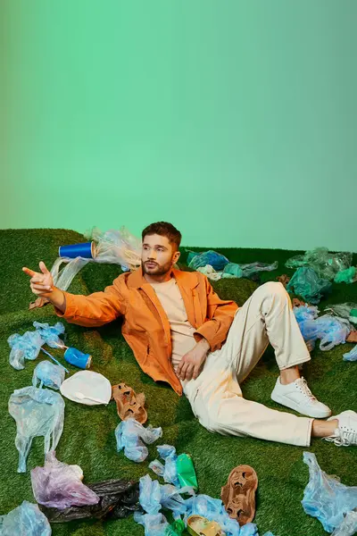Un hombre yace en una cama de hierba verde, rodeado de bolsas de plástico y contenedores. - foto de stock