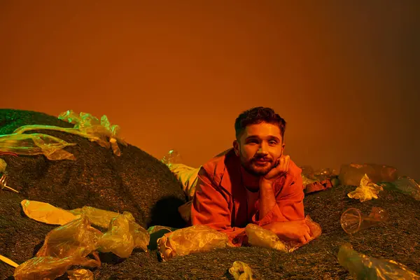 Ein Mann liegt in einem Plastikbett, umgeben von weggeworfenen Gegenständen, und starrt in den orangefarbenen Himmel. — Stockfoto