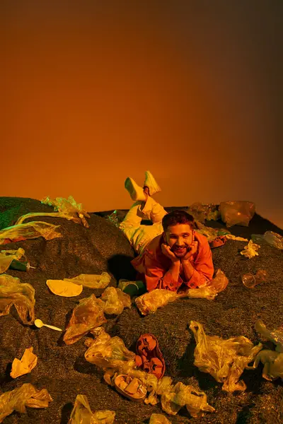 A man reclines in a pile of plastic, looking amused. — Stock Photo
